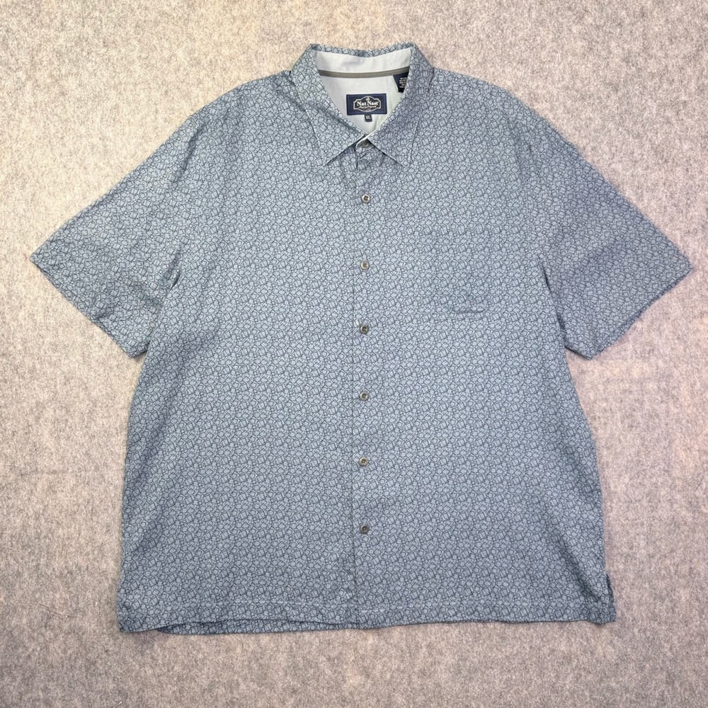 Nat Nast Shirt Men Sz XL Blue Geometric Luxury Silk Blend Short Sleeve Button UP